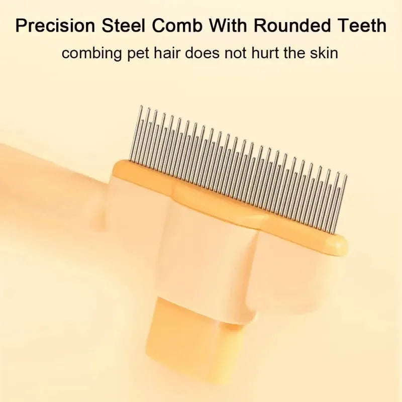Green and yellow pet grooming brush for dogs with one-click hair removal feature