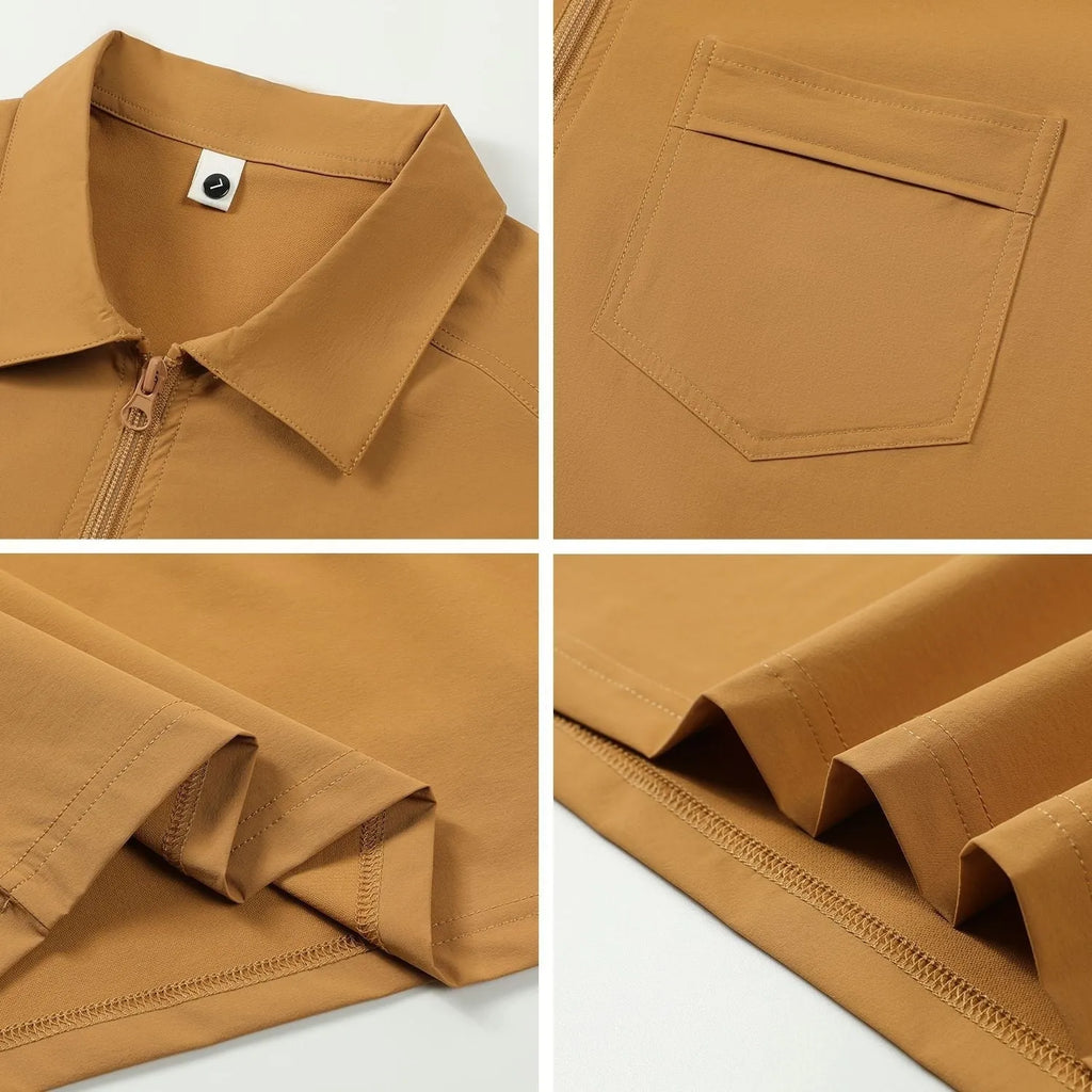 Short sleeve nylon promotional shirt with zippered pockets on the lapels, shown in Silver Fox Grey.