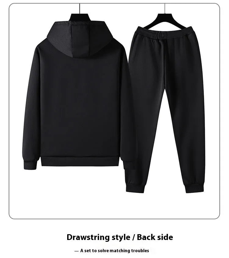 Men's black plus size suit set with long-sleeve coat and trousers, polyester fabric, wool lining