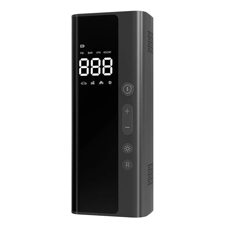 Portable wireless digital air pump on a car tyre with LED light and USB cable