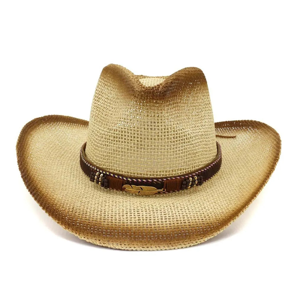 Korean style paper straw cowboy beach hat with wide brim and bell crown shape