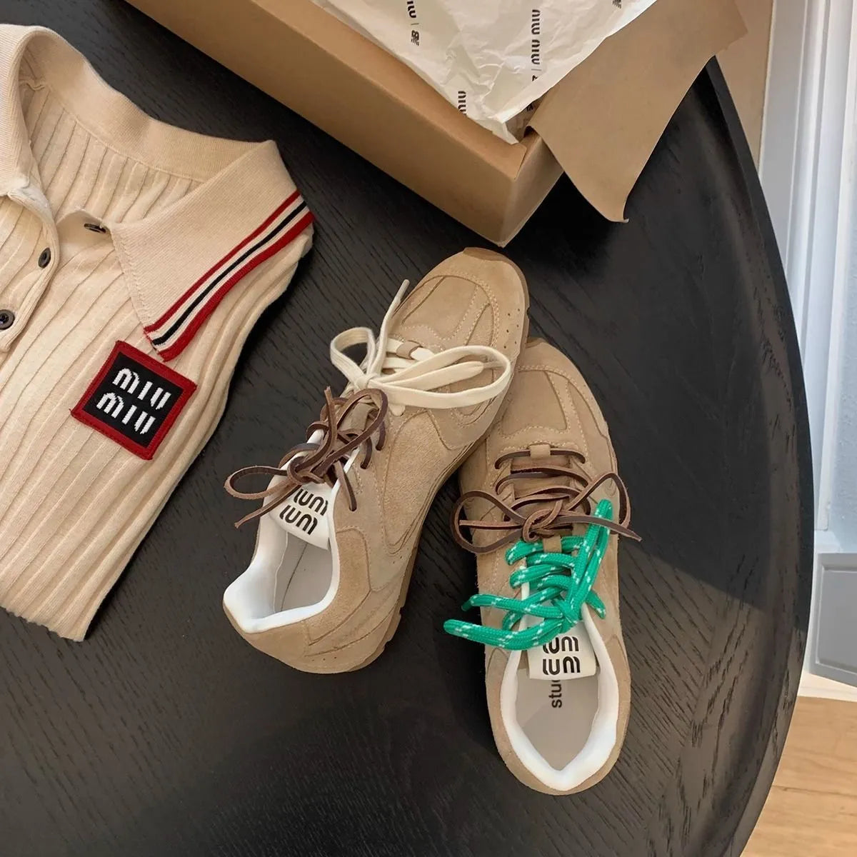 Women's retro German training casual shoes in khaki with flat heel, round toe, and front lace-up closure.