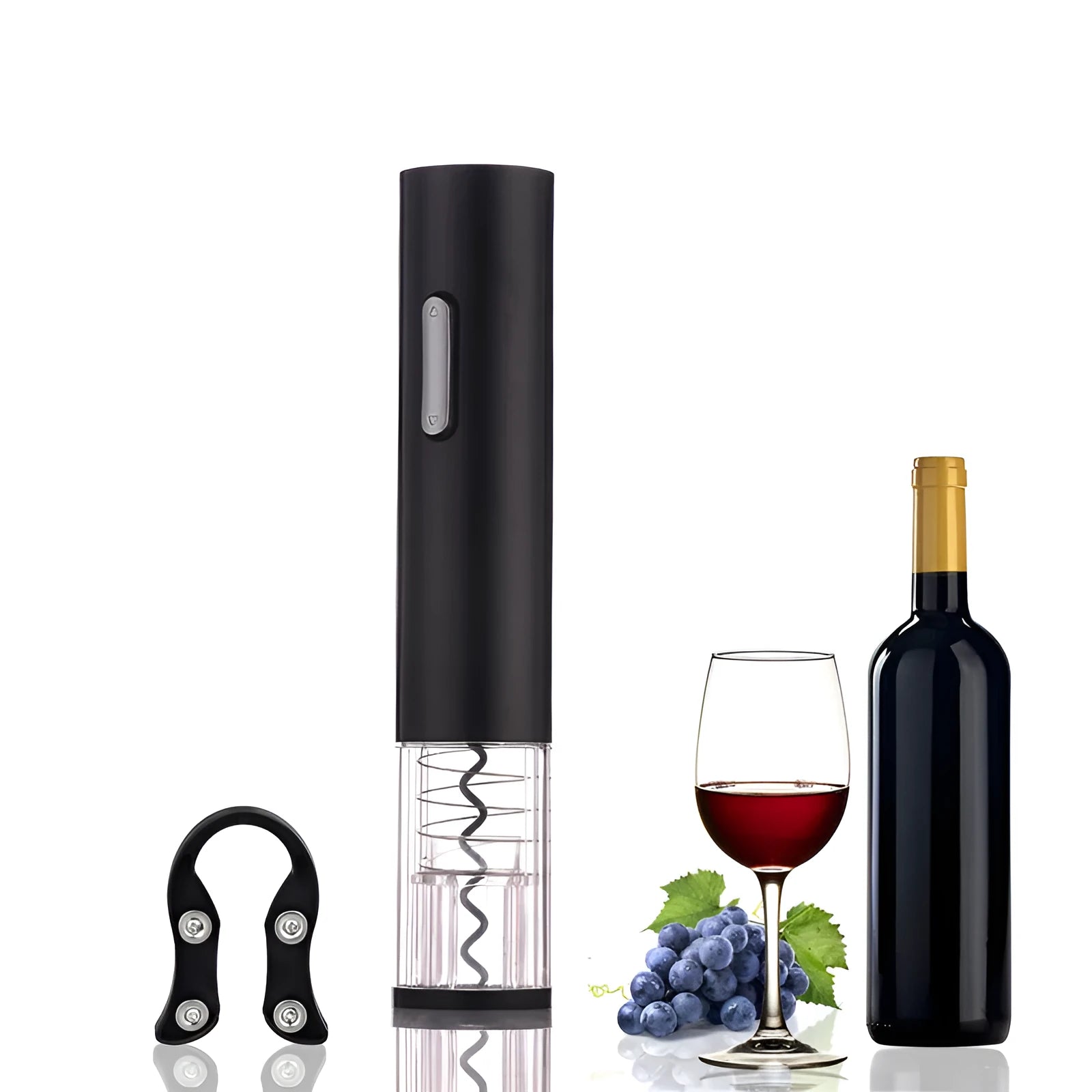 Black automatic electric wine bottle opener with foil cutter on a wooden table next to a wine bottle.