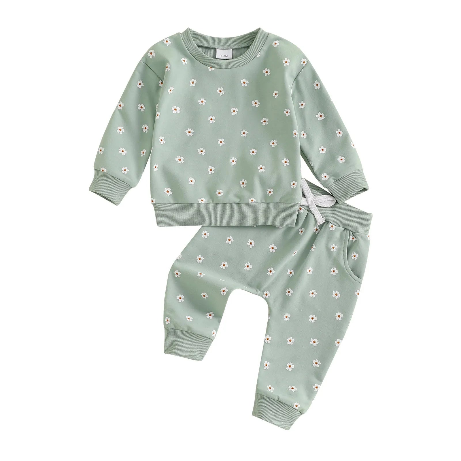Pink or light green cotton long sleeve top and trousers baby suit printed design pullover style 0-24 months