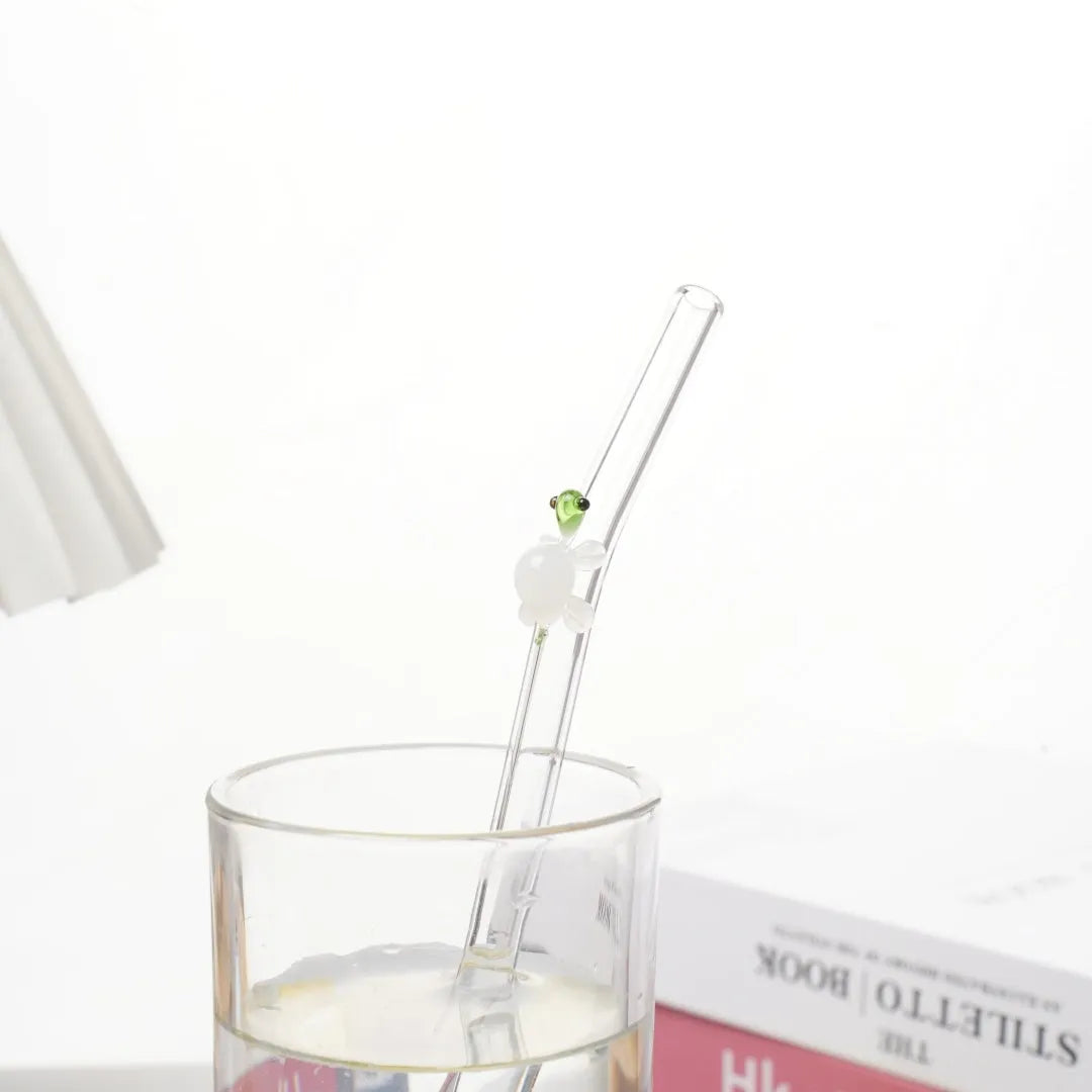 High borosilicate glass straw with elbow bend for children in multiple colours on white background