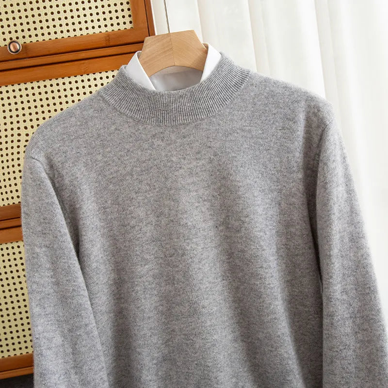 Men's loose fit half turtleneck wool sweater in rough yarn, shown in a range of colours.