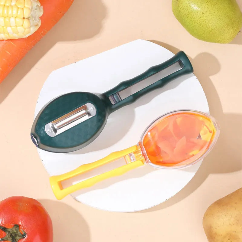 Yellow peeling knife with storage lid showing stainless steel blade and polypropylene handle