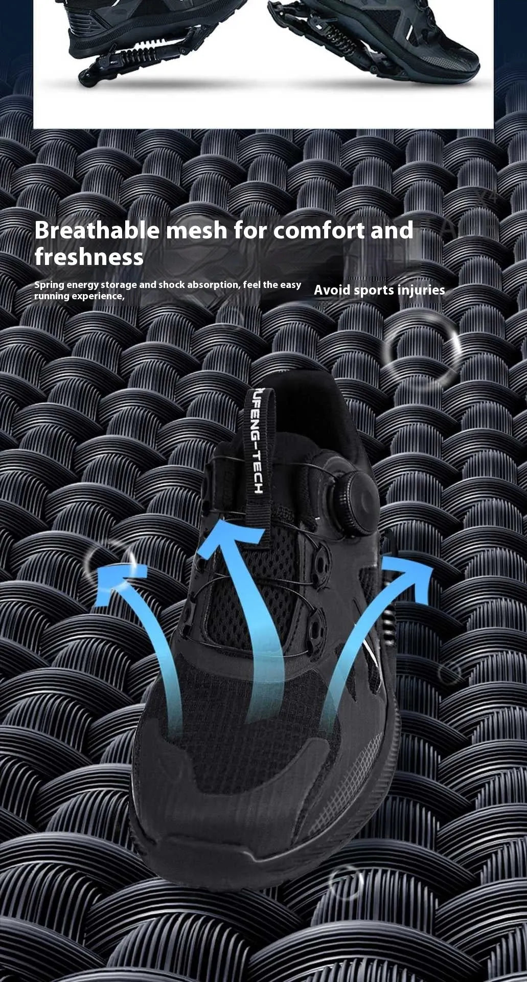 Black running shoes with mesh upper and buckle closure, showing leather stitching details and rubber EVA sole