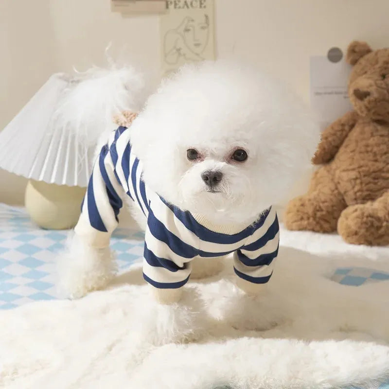 Cute bear striped four-legged dog pyjamas in blue for small to medium pets
