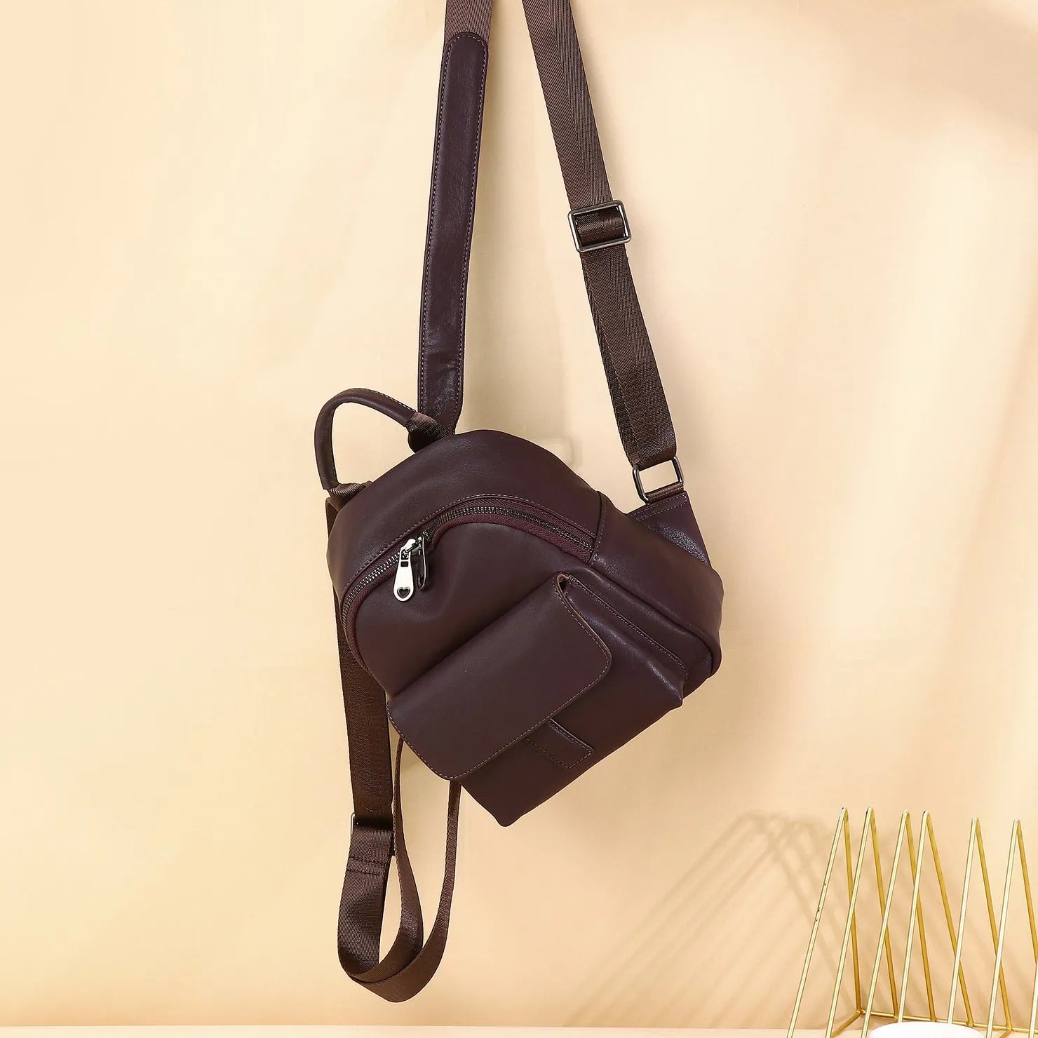 First layer cowhide leather women backpack in compact 24x20x10cm size, available in black, brown, or coffee