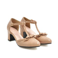 Women's solid colour chunky heel sandals with bow detail and hollow out design on round toe