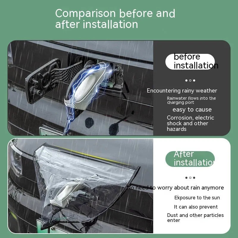 Black electric vehicle charging rain cover with magnetic strips unfolded to show 60cm x 50cm size