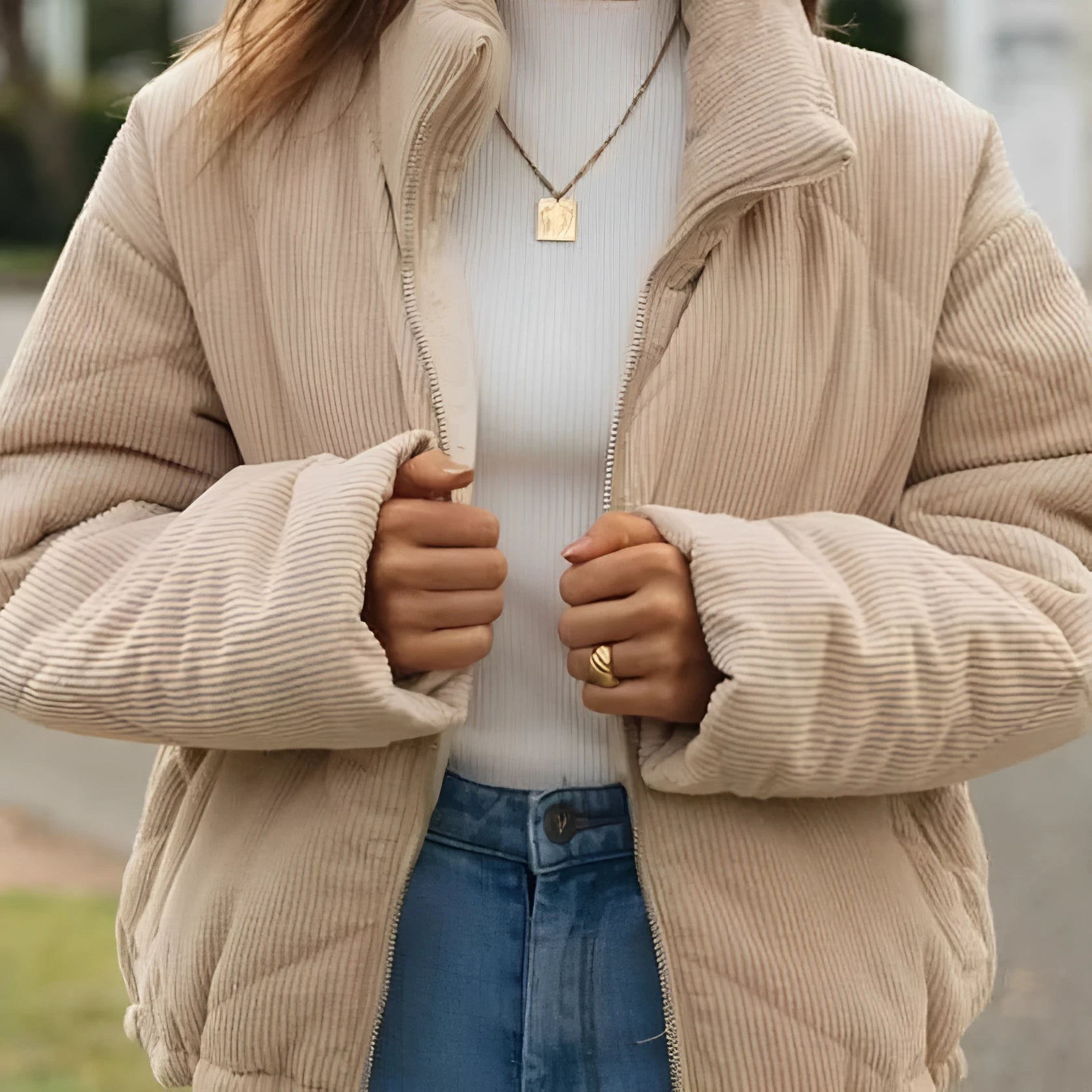 Women's apricot corduroy jacket with stand collar and zip front