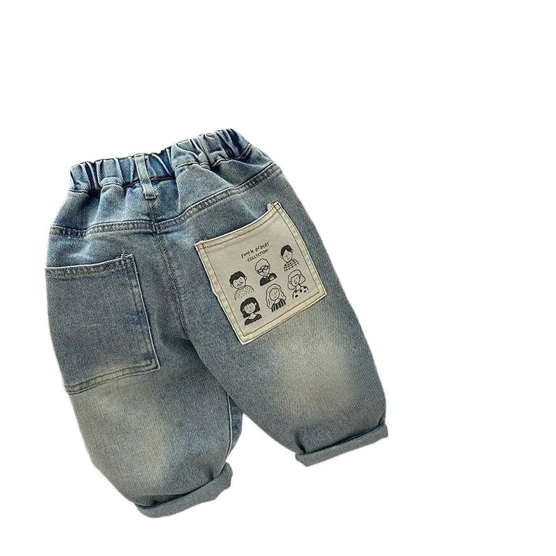 Light coloured boys casual denim jeans with elastic waist and personalised back pocket print