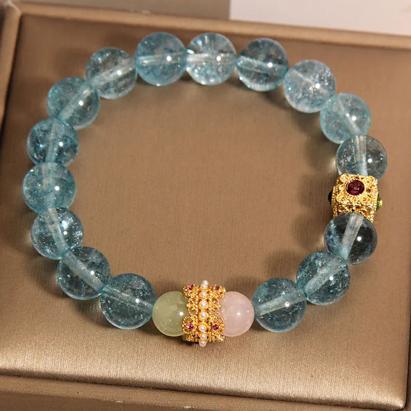 Adjustable natural crystal bracelet with blue cube sugar beads and flexible diamond ring setting in Chinese style
