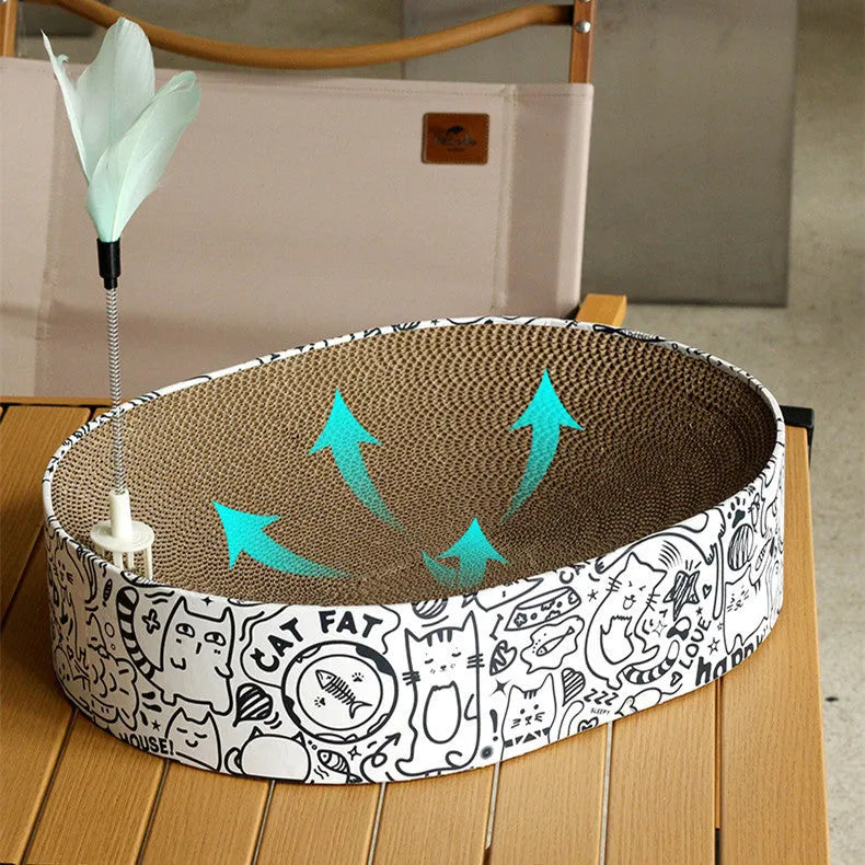 White oval corrugated paper cat scratch board nest, 33x43x10cm