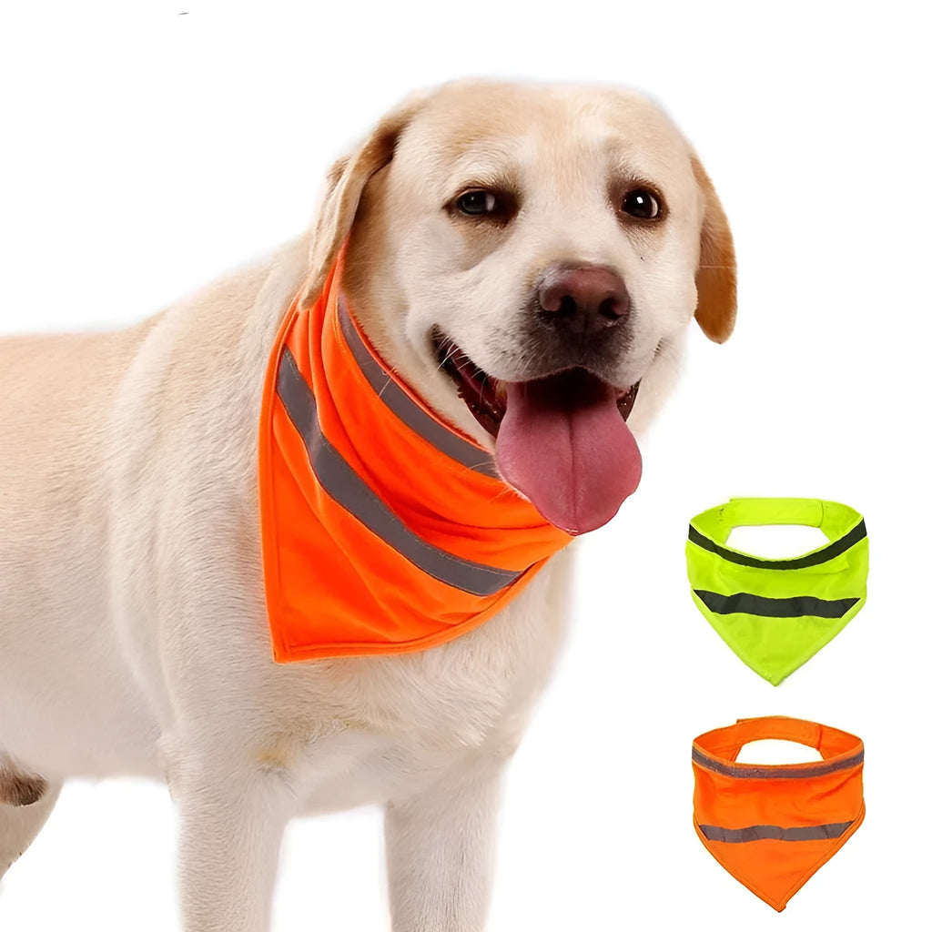 Orange and yellow reflective dog bandana with adhesive strap for night walk safety in three sizes