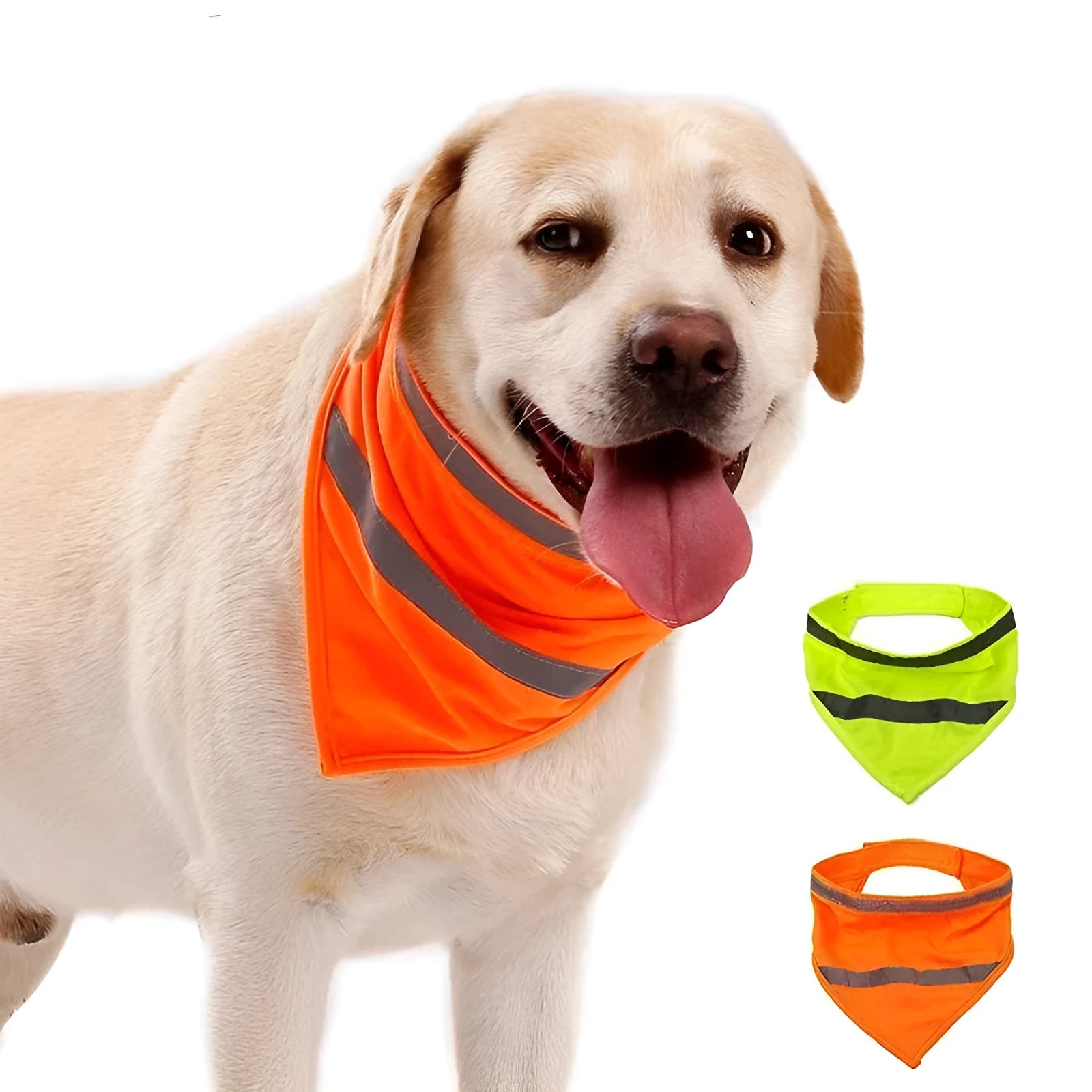 Orange and yellow reflective dog bandana with adhesive strap for night walk safety in three sizes