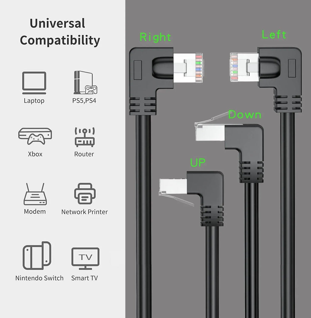 Cat6 Ethernet cable with a right-angle black RJ45 connector, shown in a selection of different colour variants.