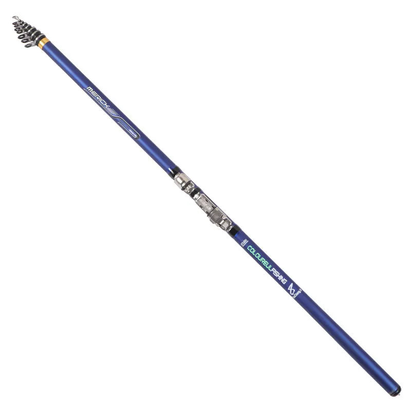 Blue carbon rock fishing rod telescopic design on rocky shore for sea fishing