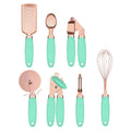 Seven-piece stainless steel kitchen tool set with copper plating on a matching storage rack.