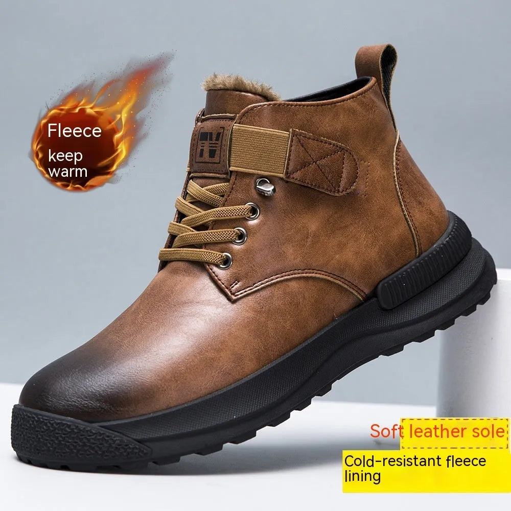 Men's black high-top Martin platform boots with artificial PU upper and rubber sole on a white background.