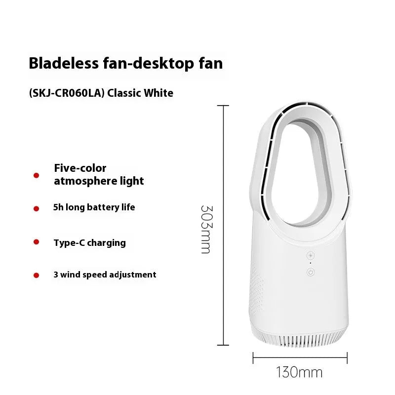 White bladeless tower floor fan with remote control and touch screen display on a wooden floor.