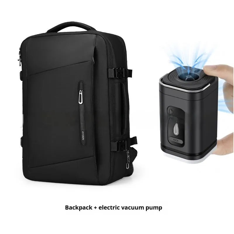 Elegant black vacuum compression backpack with Oxford cloth, USB port, and aircleaner straps for travel