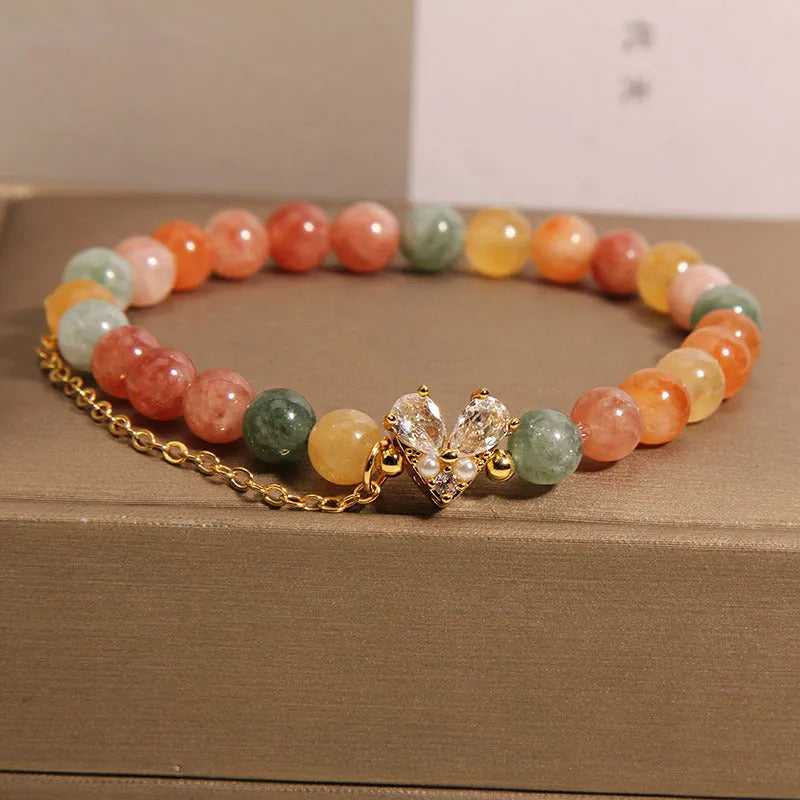 Fu Lu Shou crystal bracelet with three V-shaped zircon charms on silver-tone chain