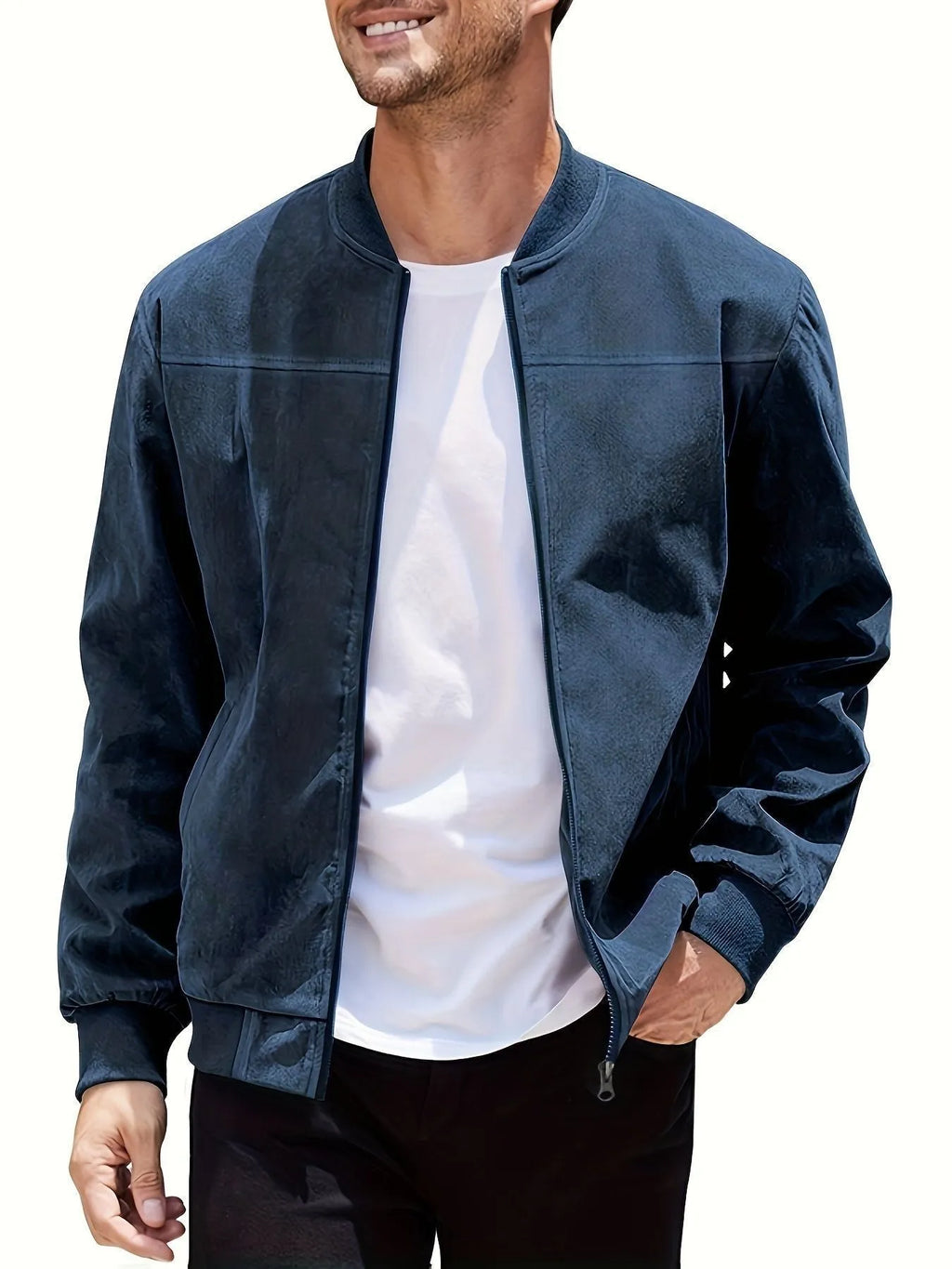 Men's plus size casual suede jacket with a zip and regular sleeves in Army Green colour.