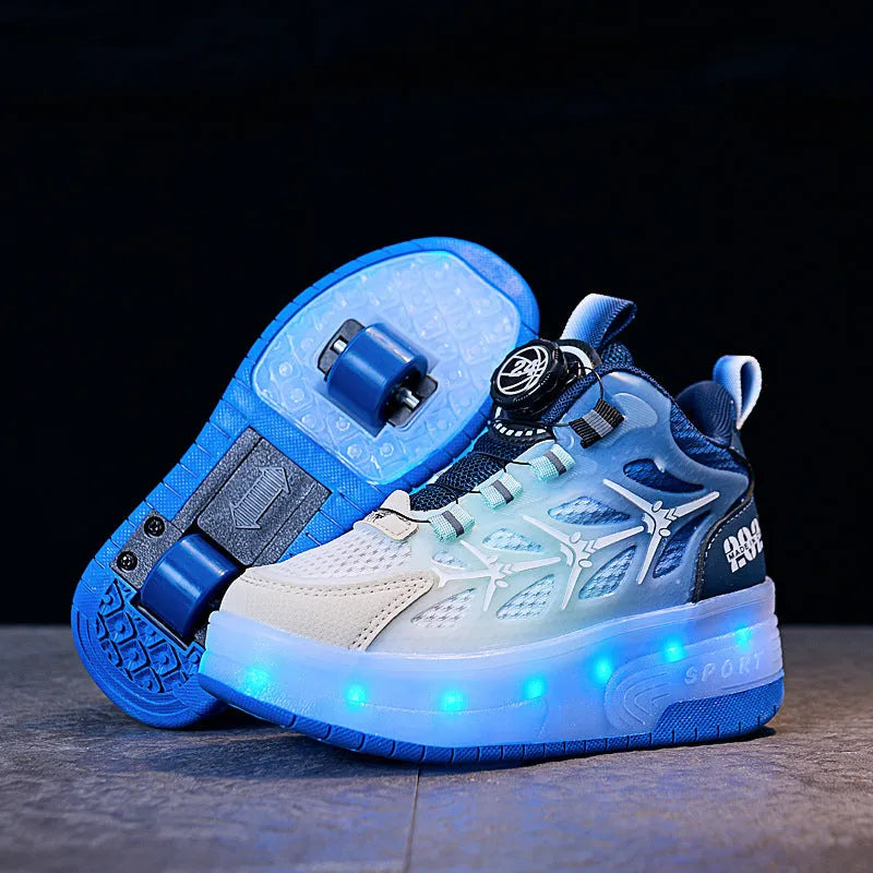 Blue children's knob roller skates with a twist-button fastening on the side