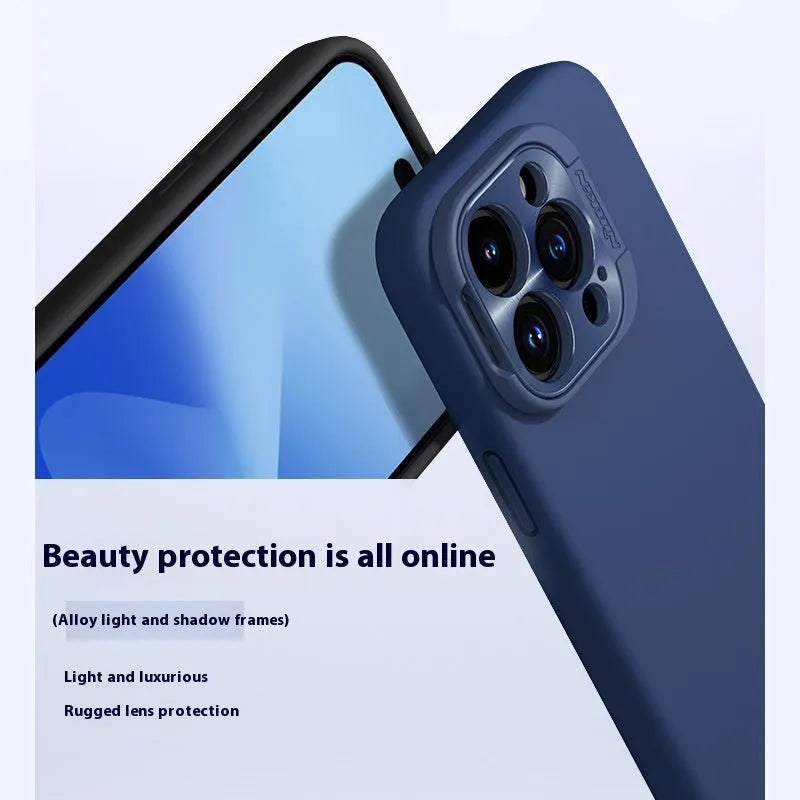 Magnetic liquid silicone phone case with invisible bracket in black, blue, green, or dark purple for iPhone models.