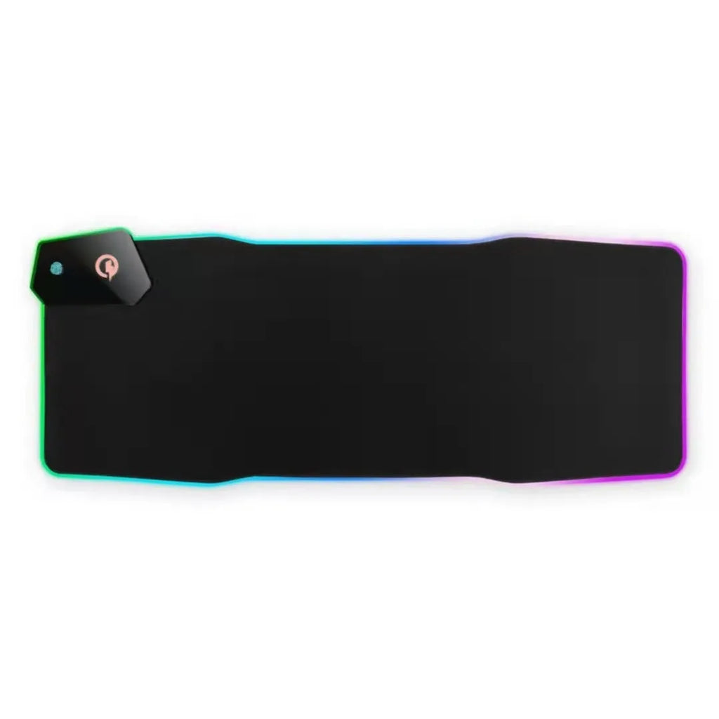 Black Mech-style cloth gaming mouse mat with luminous electric effect, showing TYPC port and non-slip rubber base.