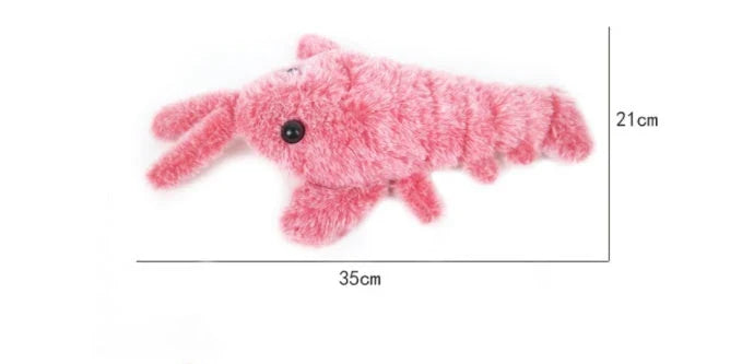 USB rechargeable jumping lobster cat toy with motion-activated swaying and flipping action, made of soft plush fabrics