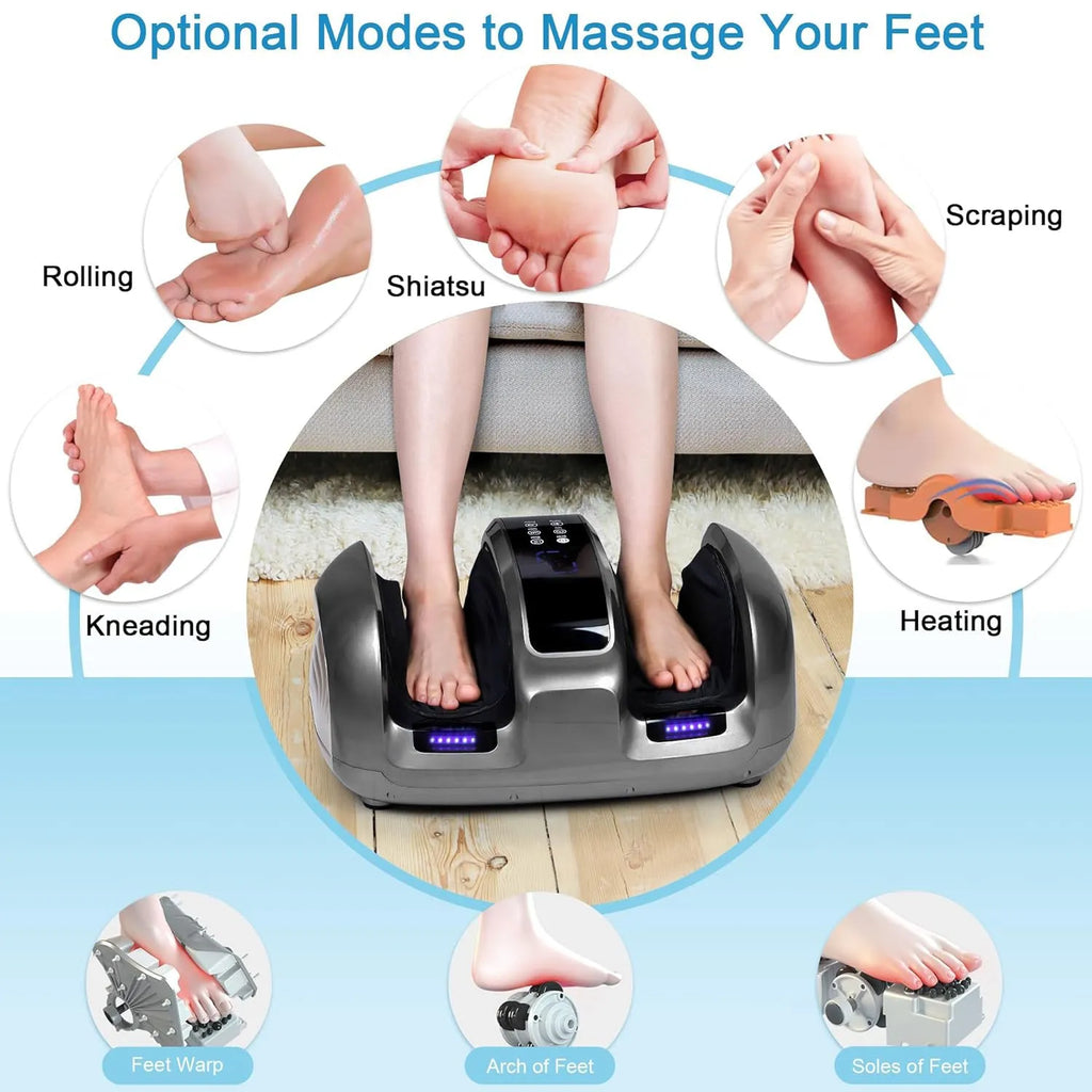 Black 3D foot and calf massager with heat, remote control, and removable washable cloth cover