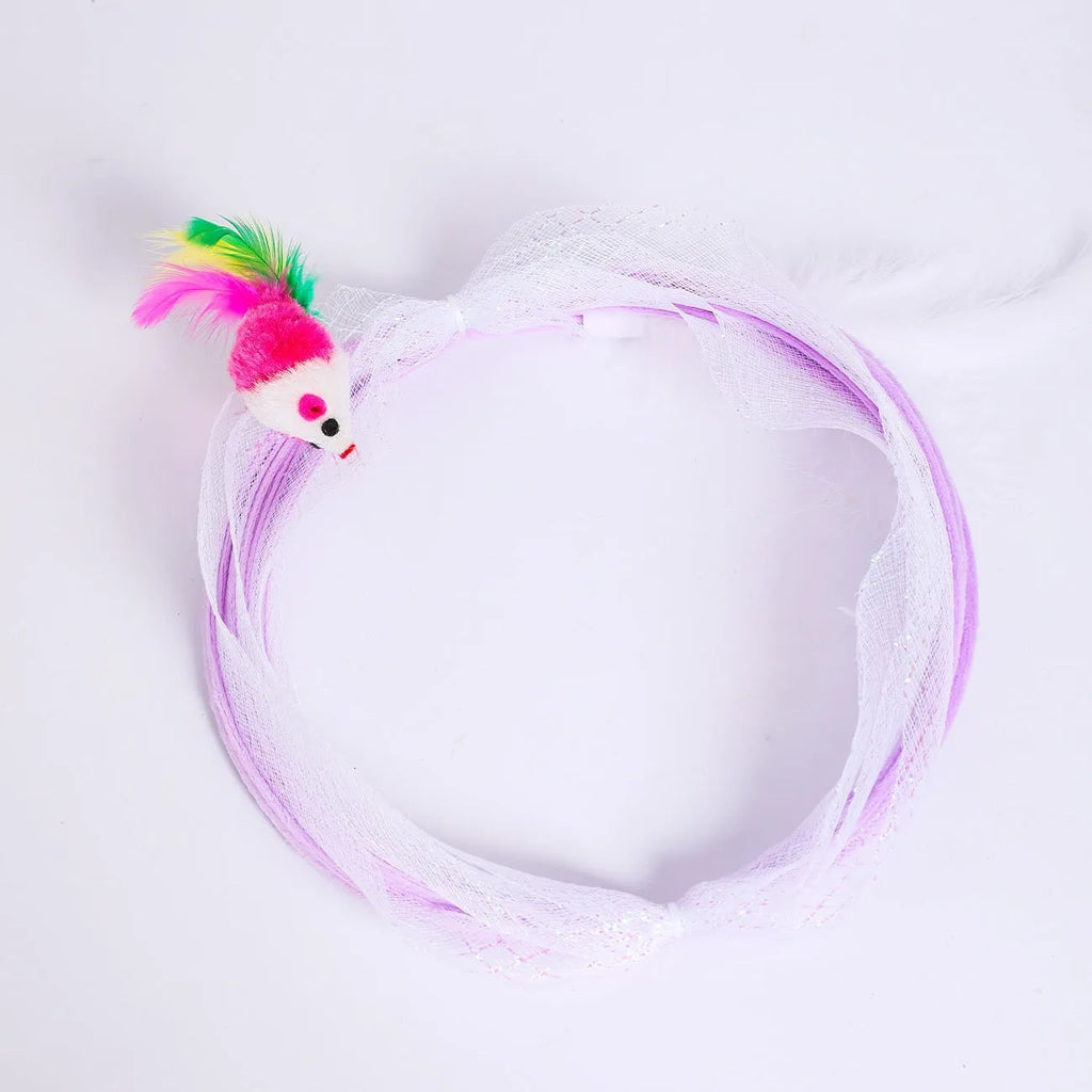 S-type cat tunnel toy with steel wire frame, elastic net walls and attached feather teaser element