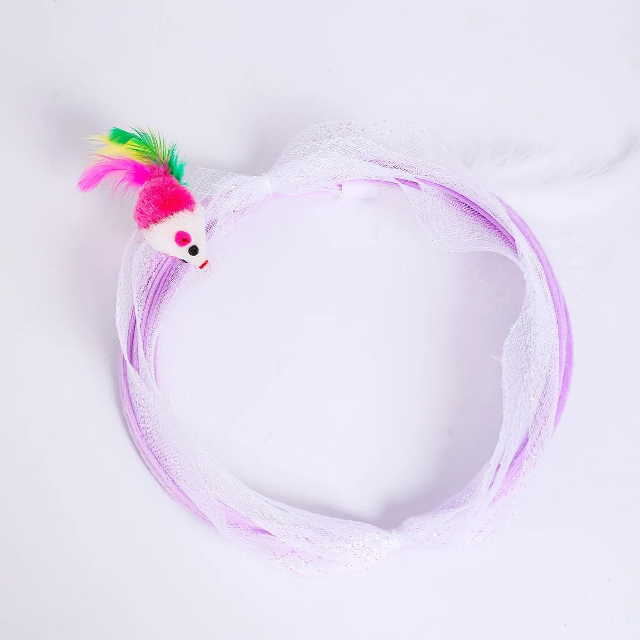 S-type cat tunnel toy with steel wire frame, elastic net walls and attached feather teaser element