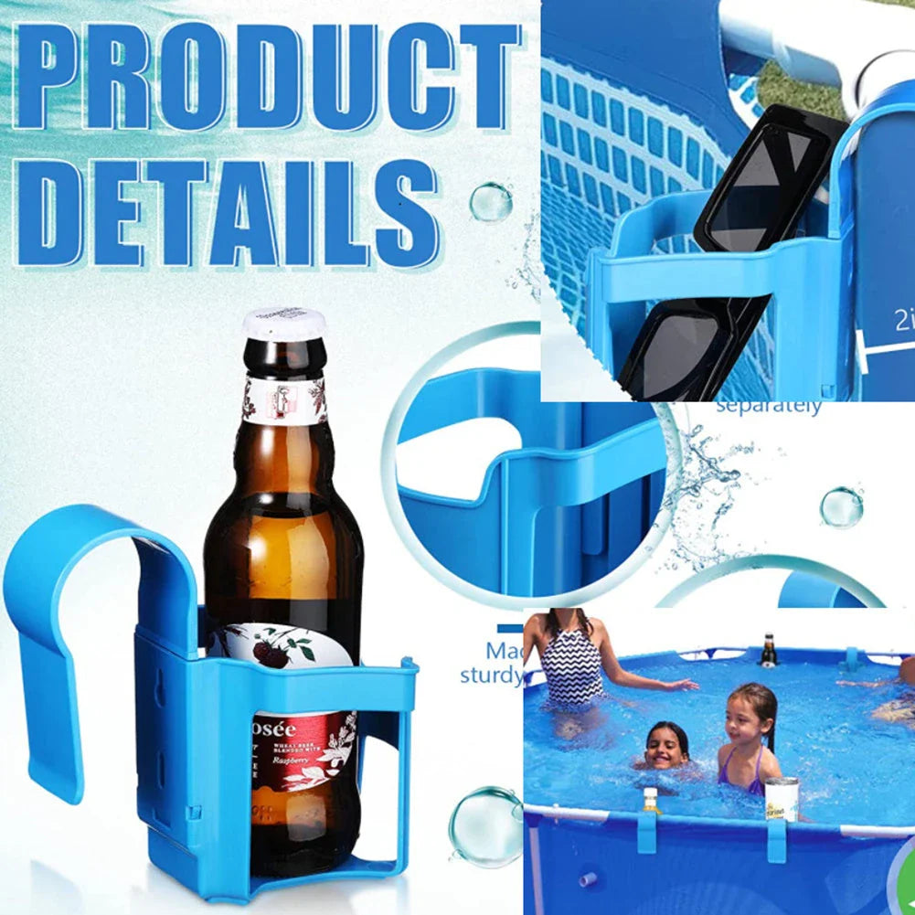 Poolside drink holder securely clips onto pool edge to hold beverages for kids and adults, preventing spills