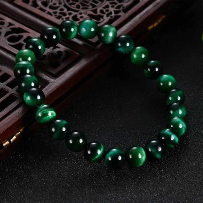 Green tiger eye stone bracelet with geometric polished beads in various size options