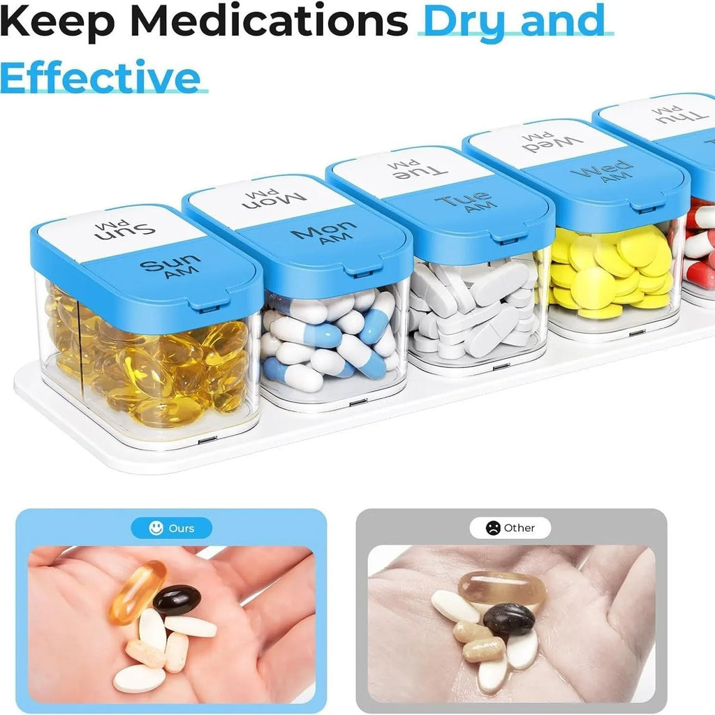 14 compartment portable pill box dispenser with removable sections in white or rainbow colours