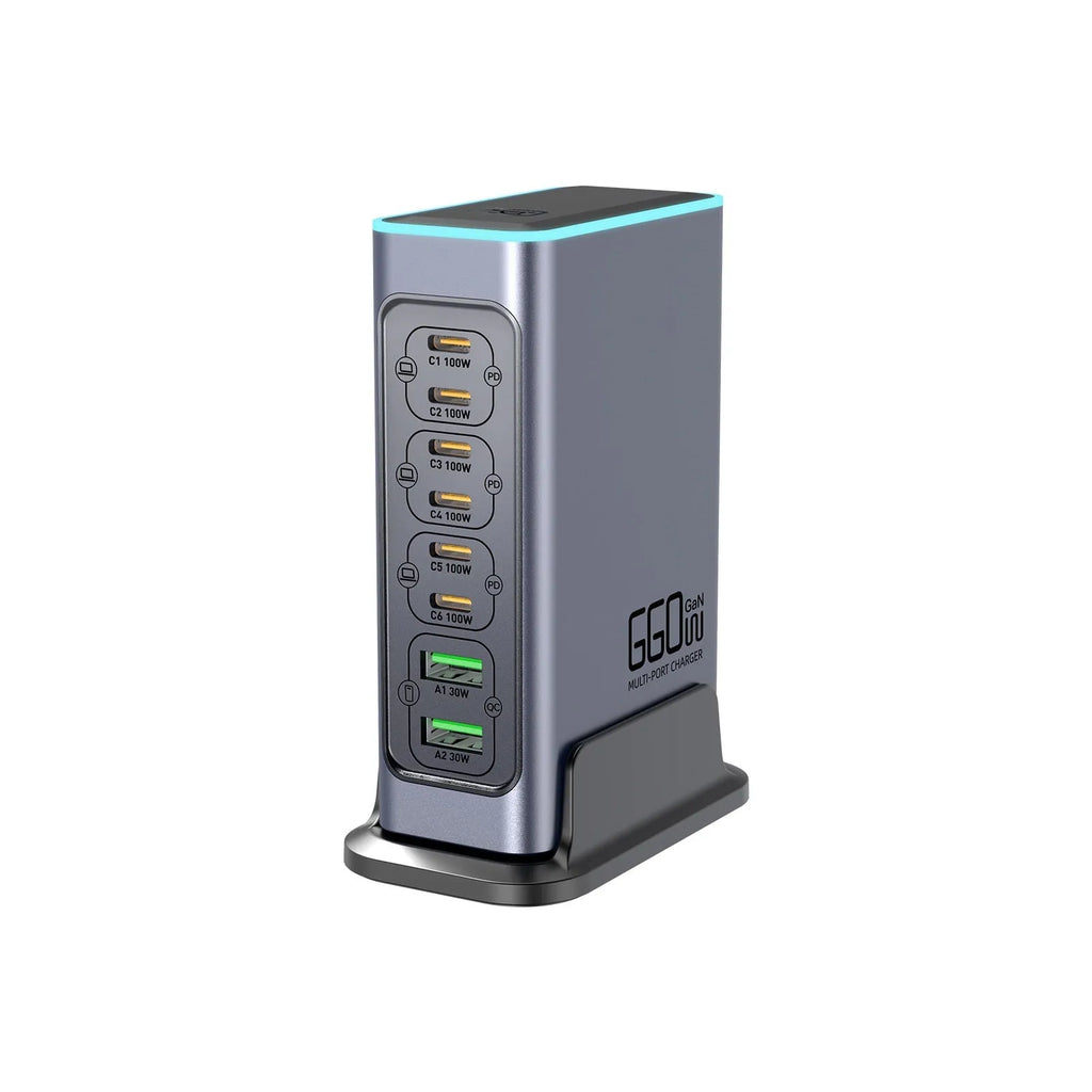 660W Gallium Nitride desktop fast charger with multiple Type-C ports on a wooden desk
