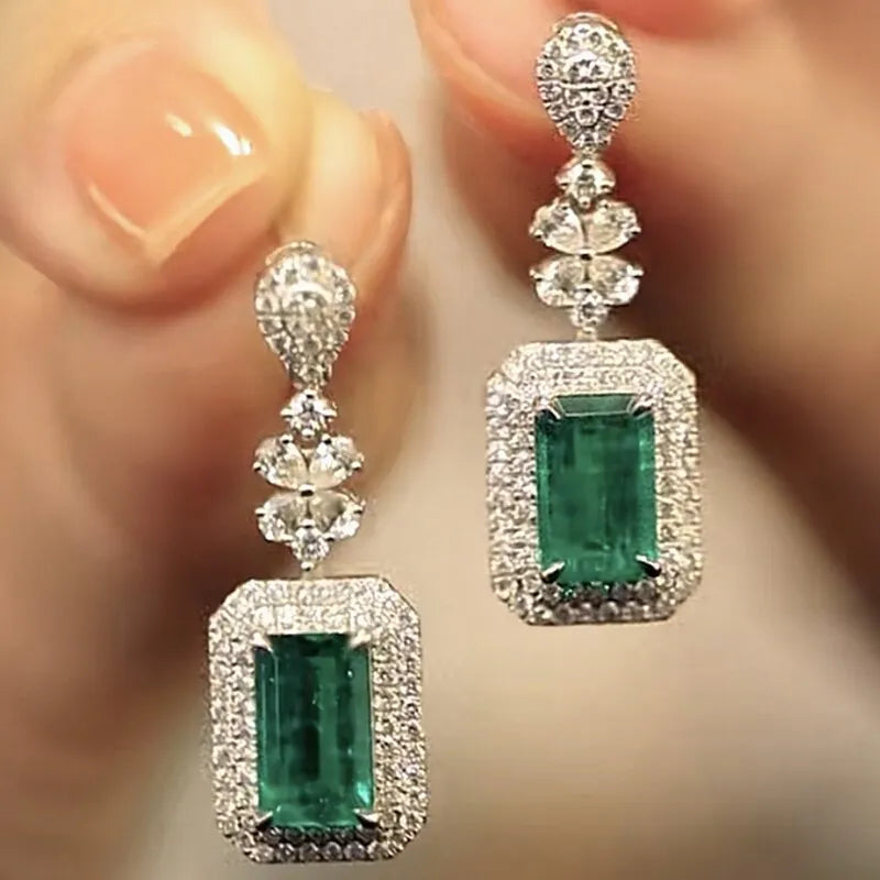 Green square bright zircon earrings with copper flower and geometric drop design for formal wear