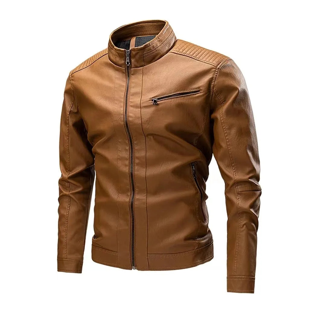 Men's PU leather motorcycle jacket with retro stitching, straight hem, available in black brown khaki and bright yellow
