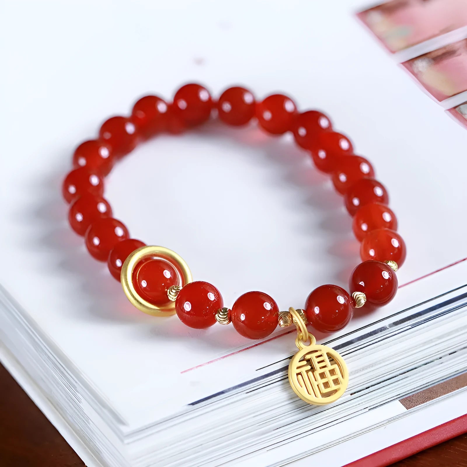 Natural red agate bracelet with blessing card in national style.