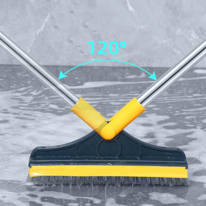 Versatile floor cleaning brush with triangular head, adjustable angles, and scraper function for efficient dirt, dust, and pet hair removal