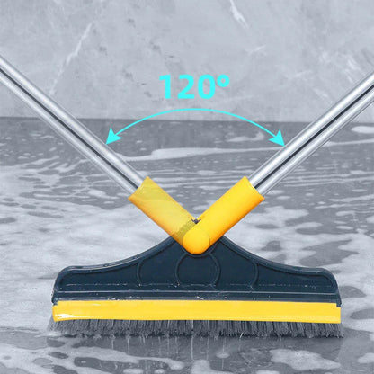 Versatile floor cleaning brush with triangular head, adjustable angles, and scraper function for efficient dirt, dust, and pet hair removal