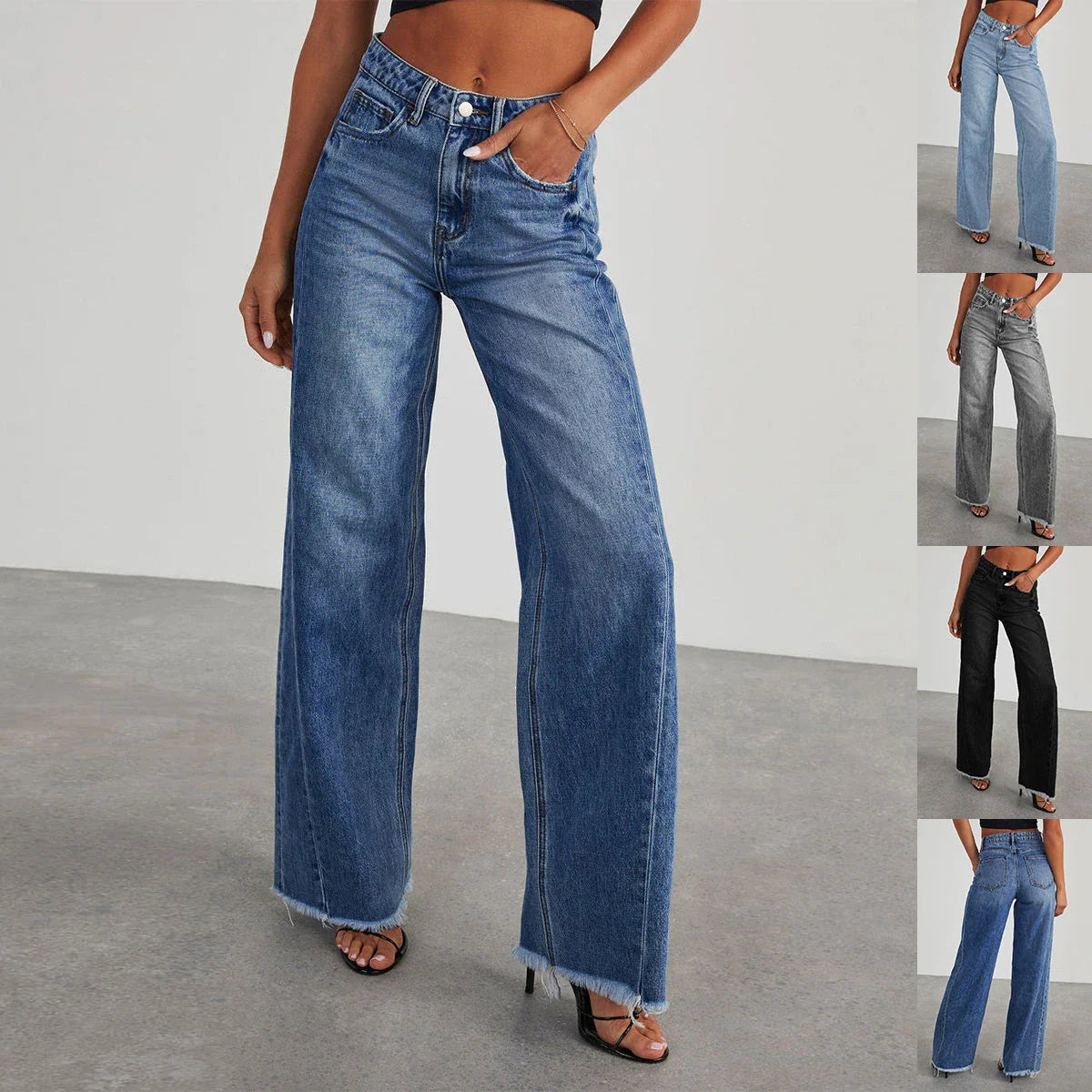 Stylish high-rise denim jeans with pockets, available in classic colors like blue, light blue, grey, and black.