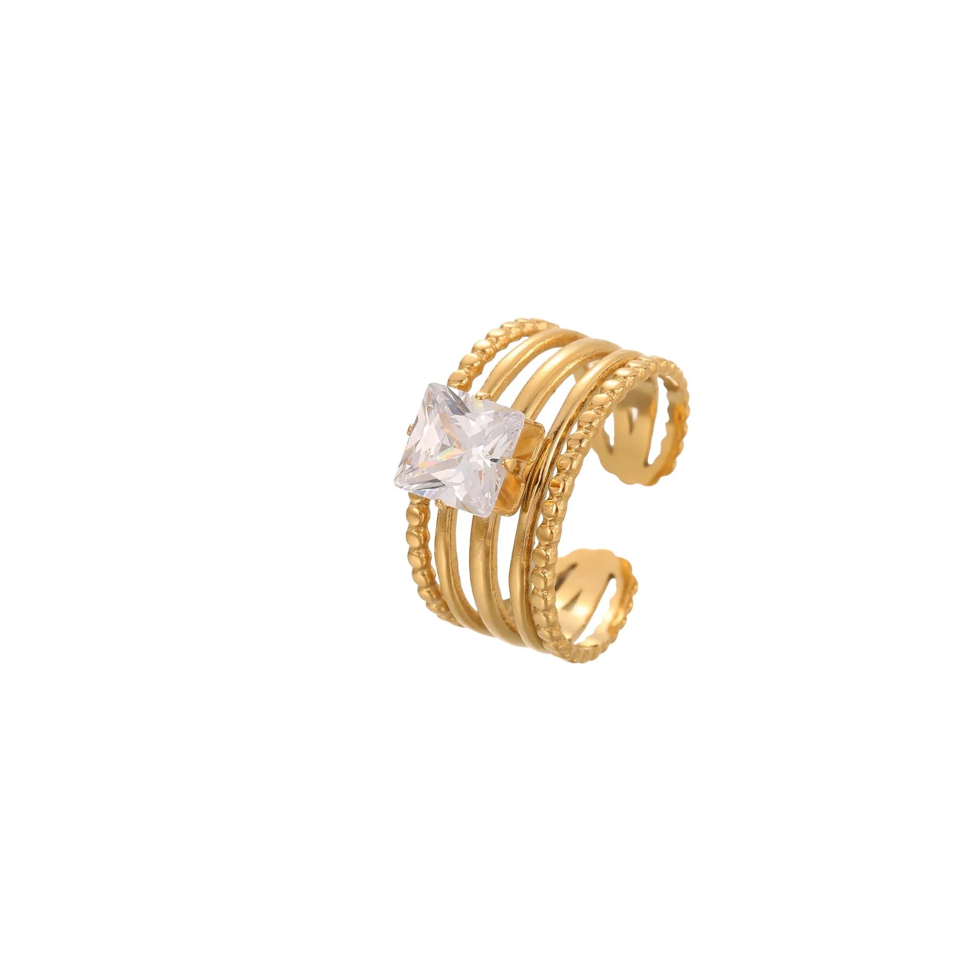 Gold electroplated geometric zircon ring with open mouth design on stainless steel