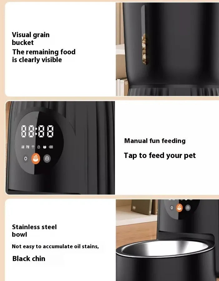 Black and white automatic pet feeder with digital display and USB connection
