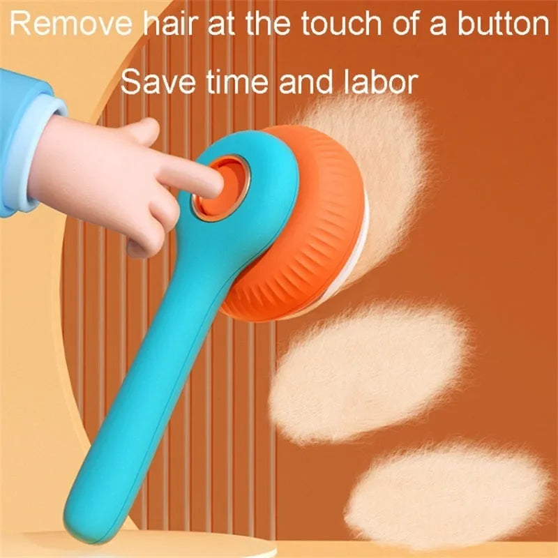 Blue and white self-cleaning slicker brush for grooming cats and dogs to remove loose fur.